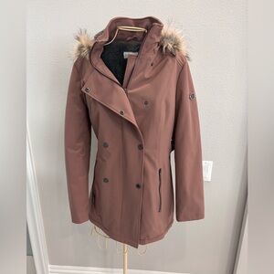 Calvin Klein Women's Dusty Rose Fur-Trimmed Insulated Belted Jacket Size Medium